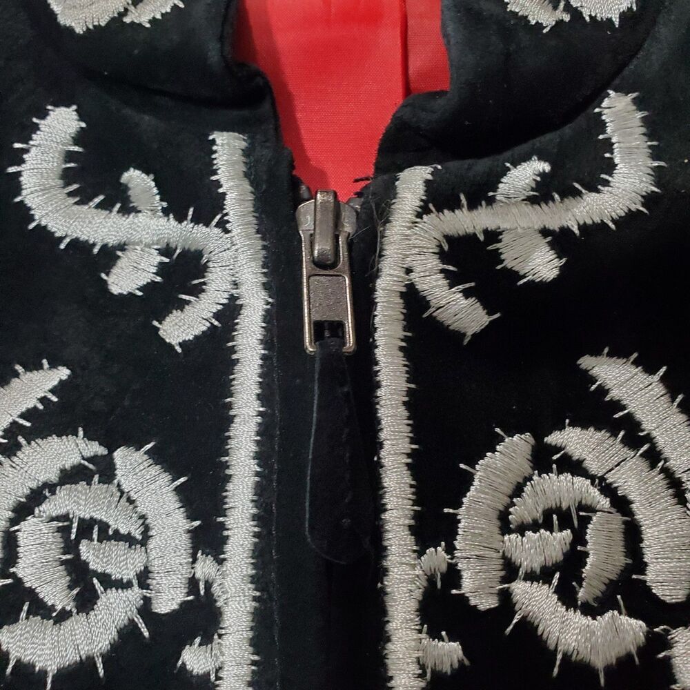 Vintage Suede Leather Black / White Floral Embroidered Zip Jacket , Size 12 - Picture 11 of 16